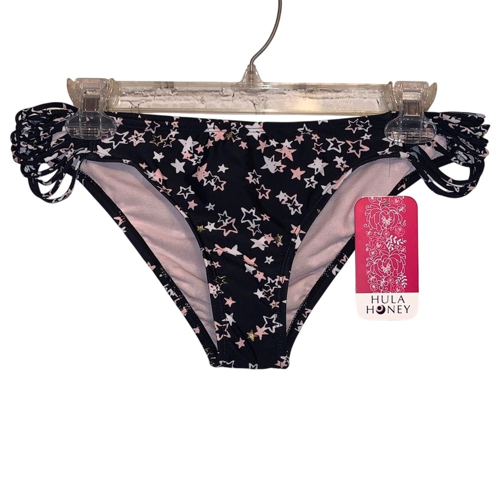 NWT Hula Honey Black Star Bikini Bottoms‎ Large Ruched Side Tie Cheeky Swim